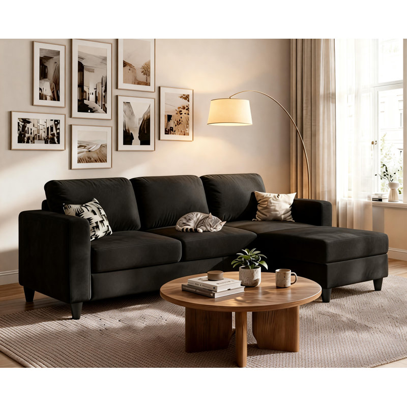73" Upholstered Sectional Sofa With Ottoman, 8" Extra Thick High-Density Cushions, Black Velvet