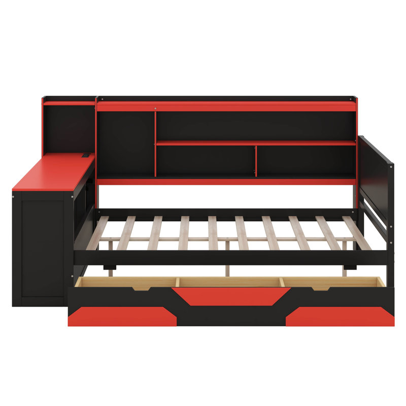 Lit de jeu avec bureau et 3 tiroirs, lit plateforme en bois avec tablettes de rangement, Full, Black/Red