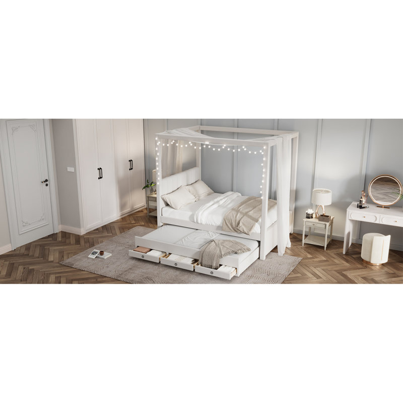 Lit plateforme à baldaquin avec lit gigogne et trois tiroirs de rangement, beige, Lit double 