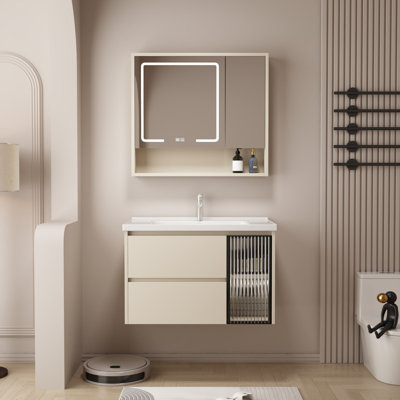 Meuble-lavabo mural 32 po avec lavabo en céramique, 2 tiroirs à fermeture en douceur et 1 porte (kaki)