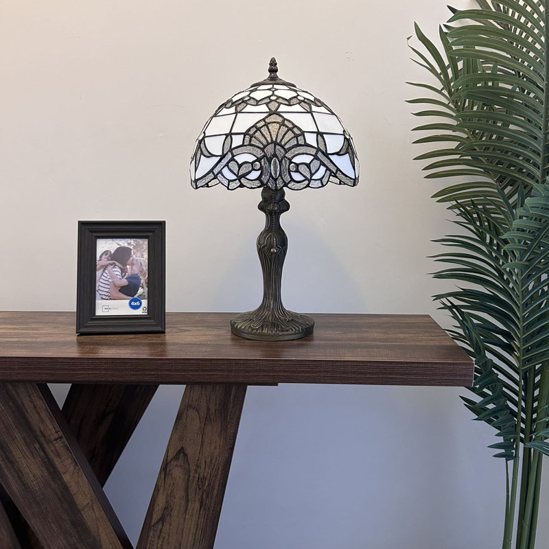 White Stained Glass Baroque Table Lamp with Bronze Base