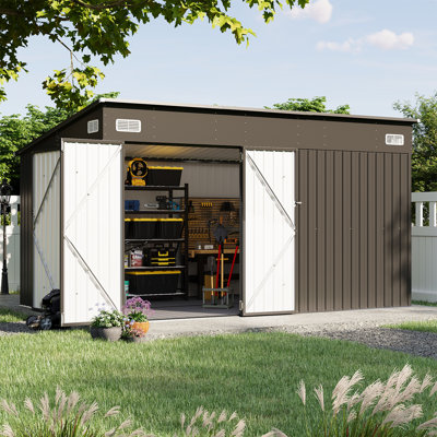 12 Ft. W X 8 Ft. D Metal Lean-to Storage Shed  With Floor and Three Doors,Black