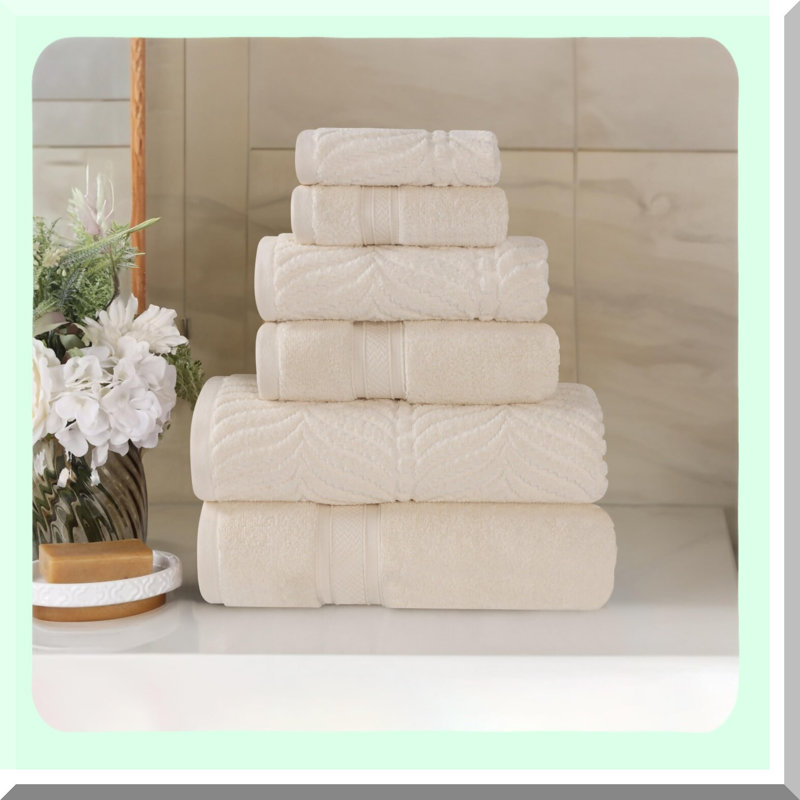 QuickDry Luxury Cotton Chevron Towel Set - 6 Piece Assorted, Zero Twist, Ultra Soft & Absorbent, Includes 2 Bath, 2 Hand, 2 Washcloths, Ivory
