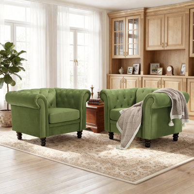 Fynlie Tufted Velvet Chesterfield Accent Chairs Mid Century Modern Armchair Set of 2
