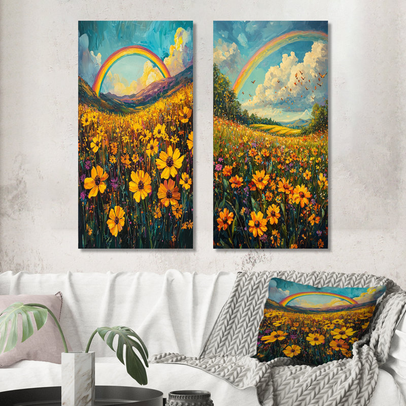 Rainbow Over The Meadow I - Collection d'art sur toile 2 panneaux, H 28 po x l 25 po, Toile tendue