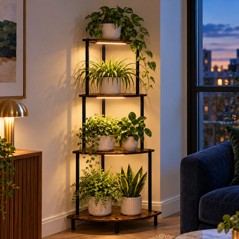 4 Tier Corner Plant Stand with LED Grow Light Indoor Vertical Plant Rack Flower Shelf for Living Room
