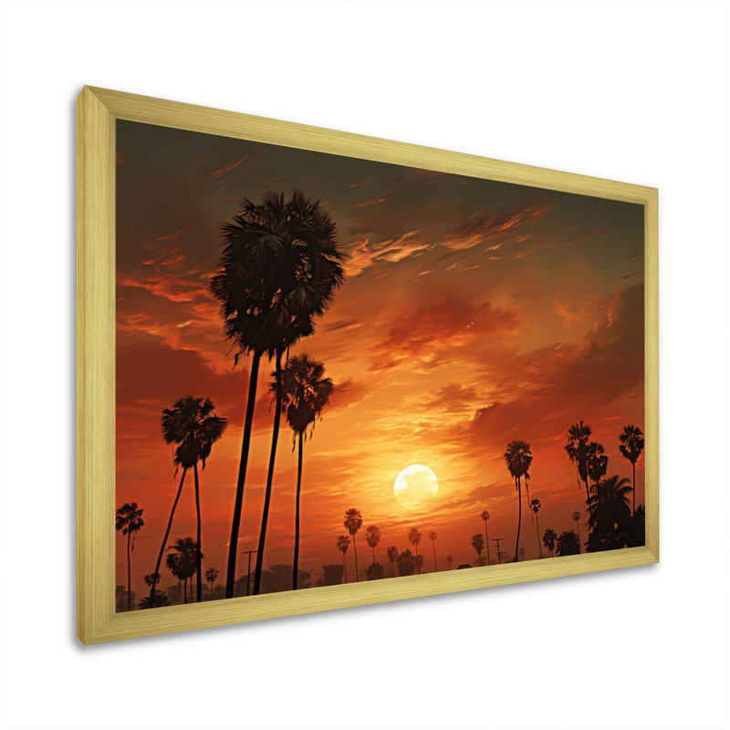 Coucher de soleil avec palmiers sur toile, H 16 po x l 32 po x P 1 po, Encadrement doré