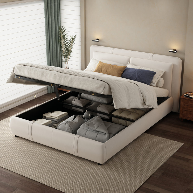 Velvet Upholstered Bed With Hydraulic Storage - 3Ft (90Cm), Beige, Double (4'6)