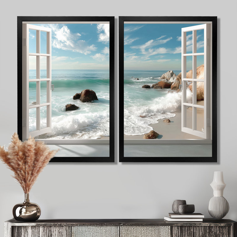 «Coastal Crystal Silence Windows Landscape - Coastal Windows», art mural encadré blanc 2 pièces, H 36 po x l 48 po, Noir
