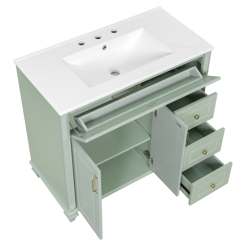 Meuble-lavabo vert élégant avec lavabo, bois massif et bois aggloméré, design moderne pour la salle de bain