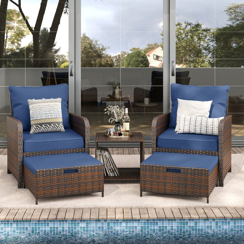 Idamarie 2 Person Wicker Rattan Outdoor  Conversation Set with Ottoman (no umbrella stand), Brown, Blue