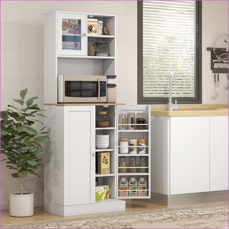 HOMCOM 66.5'' Pantry Cabinet with Microwave Stand, 8 Door Shelves, White | Melamine-Coated Particle Board | Anti-Tipping Design