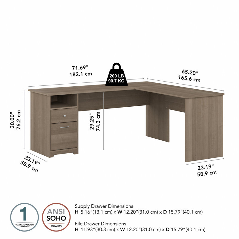 Bureau d'ordinateur en L Ozro, H 30 po x l 72 po x P 65,2 po, Gris cendré