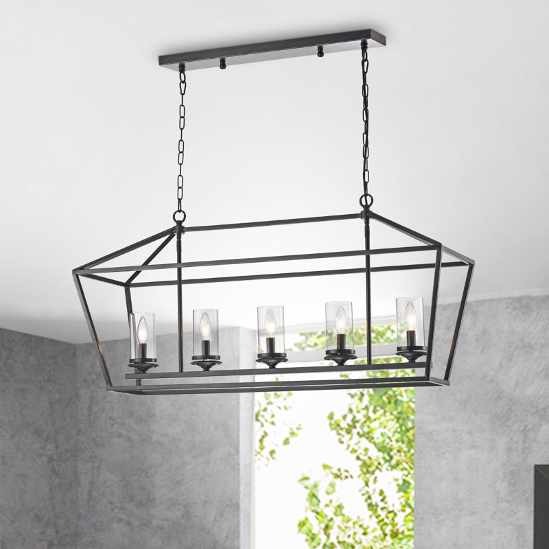 Lustre rectangulaire pour îlot de cuisine à 5 lumières Shevin, Noir brossé