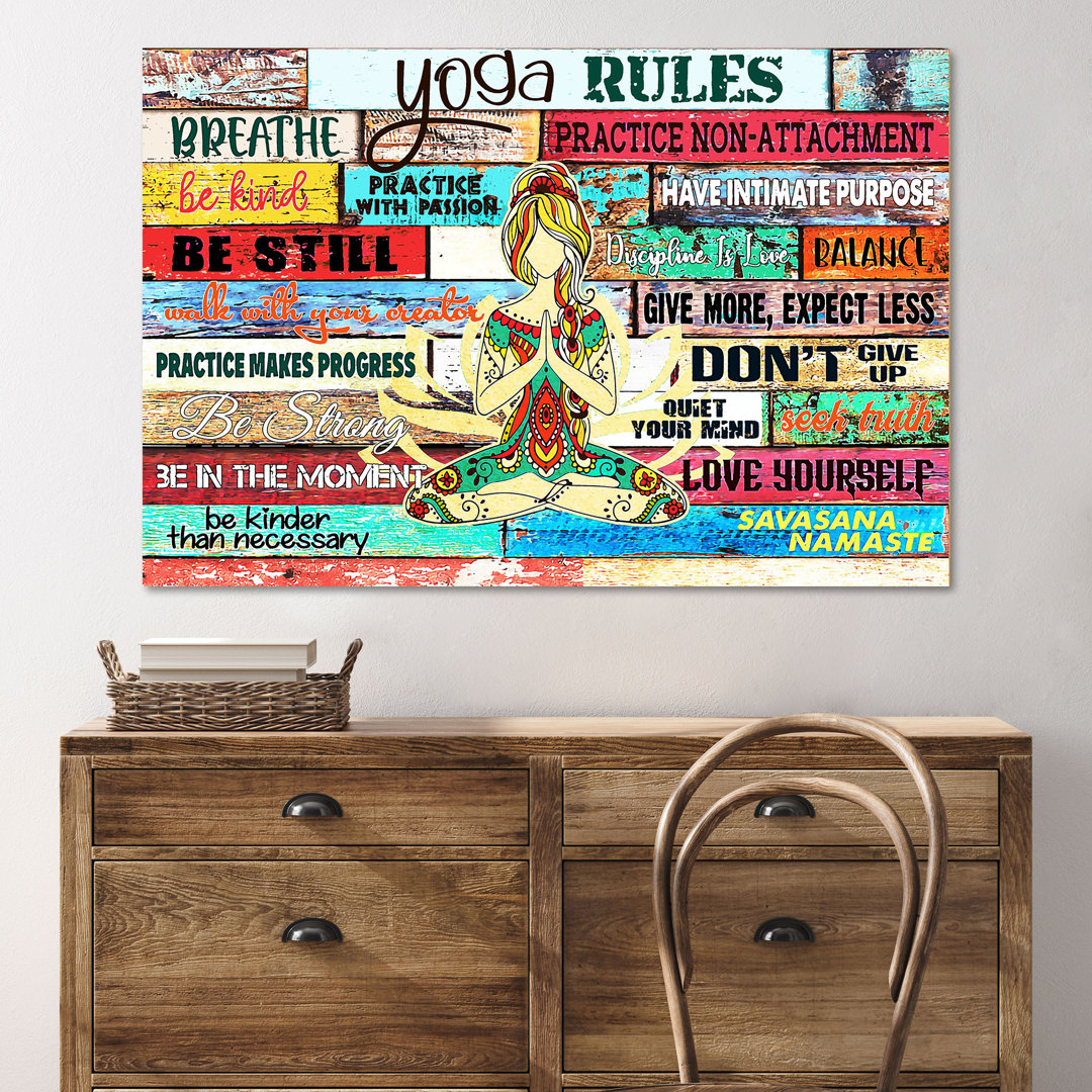 Beautiful Girl Practicing Yoga - Yoga Rules, Breath, Be Kind, Practice with Passions - Wrapped Canvas Textual Art Trinx 