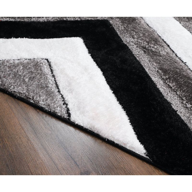 Tapis géométrique noir / gris / blanc Hajredin, Rond 7 pi 7 po