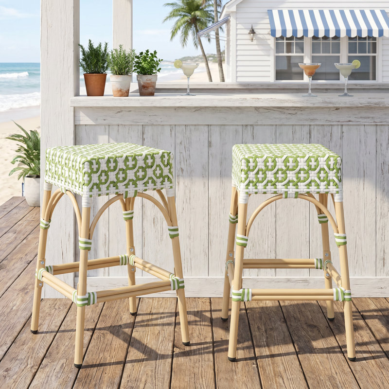 Tabourets de bar en polyuréthane tissé Coastal, Vert/blanc