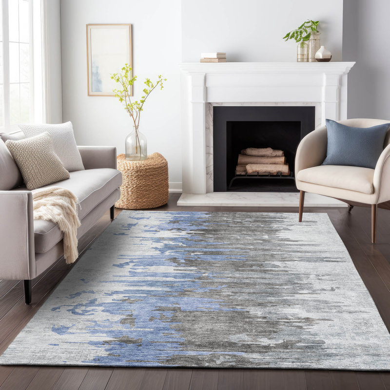 Tapis bleu Prisco lavable à la machine de qualité supérieure, Rectangle 10 pi x 14 pi