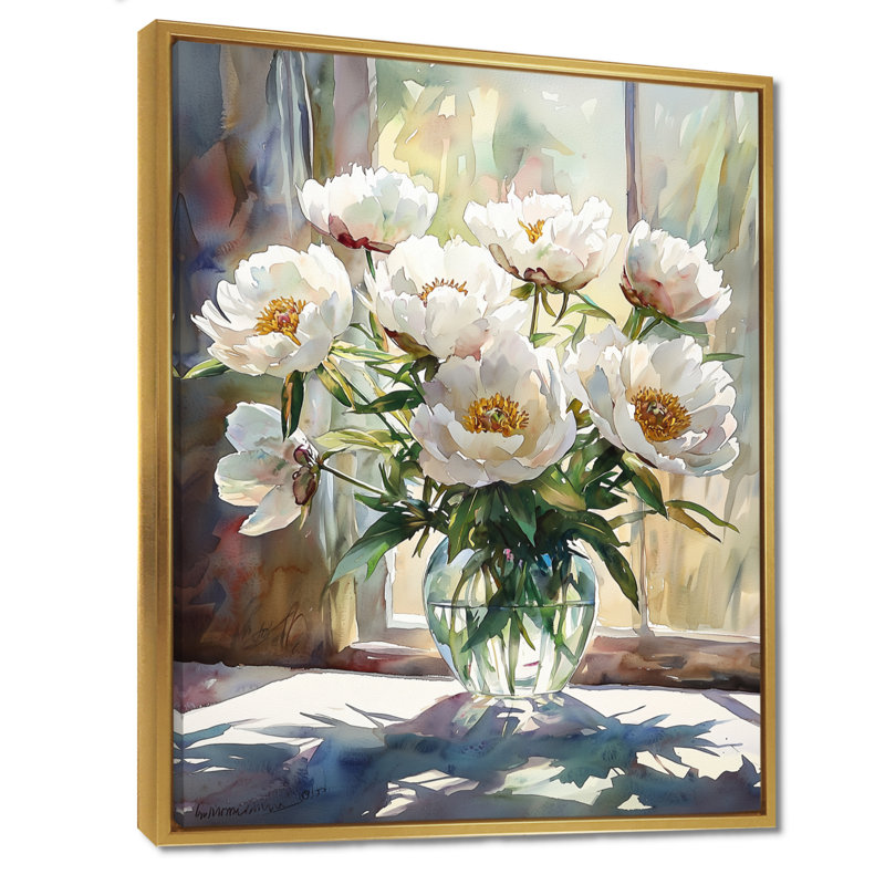 Pivoines et ombres géométriques II - décorations murales pivoines, Reproduction avec cadre flottant, H 44 po x l 34 po, Doré