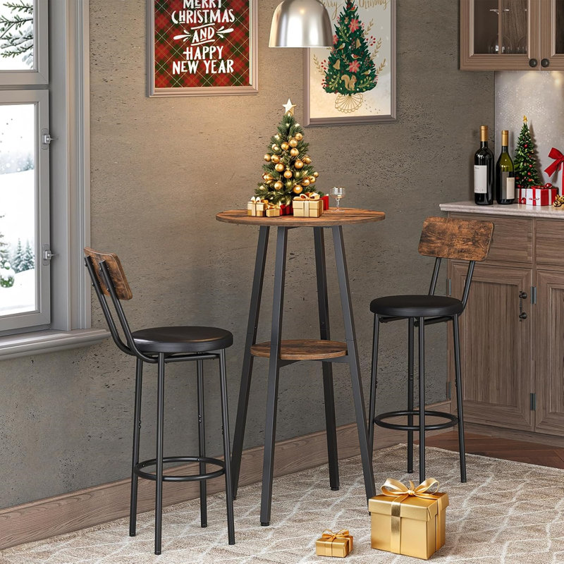 Table de bar à 2 niveaux avec rangement pour petits espaces, brun rustique et noir