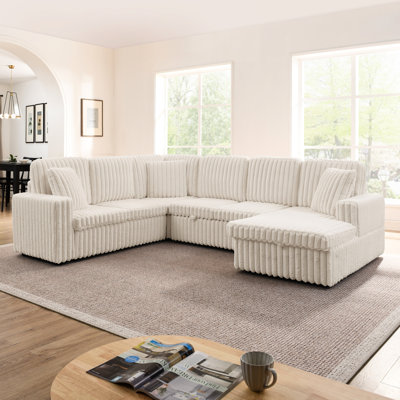 Corduroy Striped Upholstered Sofa, Modern Minimalist U-Shaped Combination Sofa, Pull - Out Bed & Storage Chaise, Seat Soft Couch