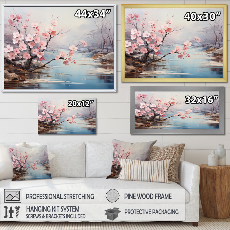 Japan Cherry Blossom Serenity I - Japanese Canvas Art Print, Cadre flottant blanc, 34" H x 44" W