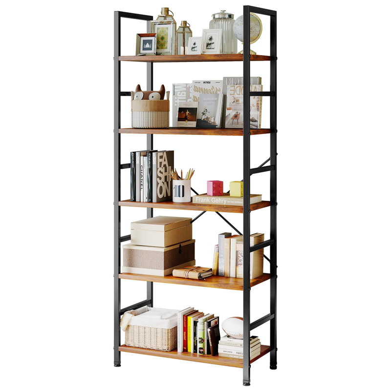 Book Shelf, 5 Tier Bookcase, Modern Tall Bookshelf for Garage Kit, CDs, Movies, Industrial Corner Storage Organizer, Brown