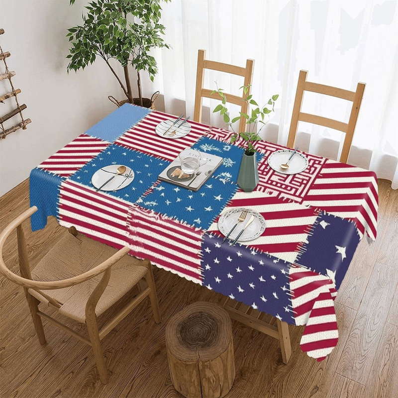 Retro Patchwork Star Stripe Independence Day 60" x 120" Scalloped Rectangular Tablecloth for Parties