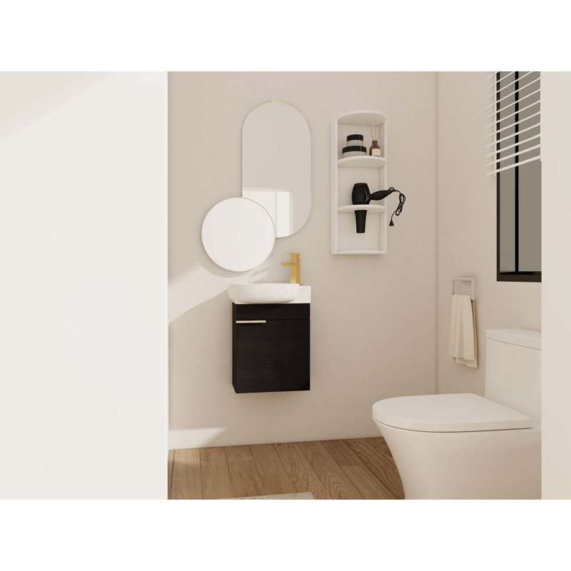 Meuble-lavabo à fermeture en douceur avec lavabo et support de rangement pour petite salle de bain, Noir châtaignier, 17"