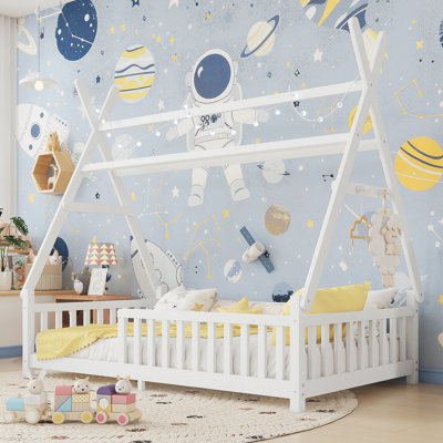Twin House Bed with Light, Low Floor House Bed with Fence and Roof for Kids ,White