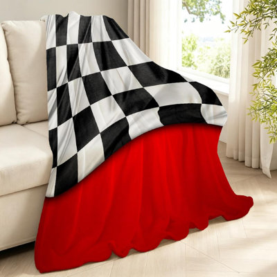 Jeté en molleton noir ultra doux en flanelle, drapeau à damier blanc imprimé rouge
