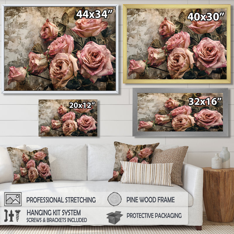 «Pink Rose Vintage Grunge - Roses», reproduction d'art sur toile encadrée, Toile tendue, H 30 po x l 40 po x P 1,5 po