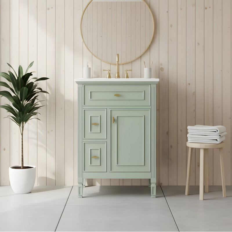 24'' freestanding vanity with a drop-front drawer, two standard drawers, and adjustable shelves, Green, 24"