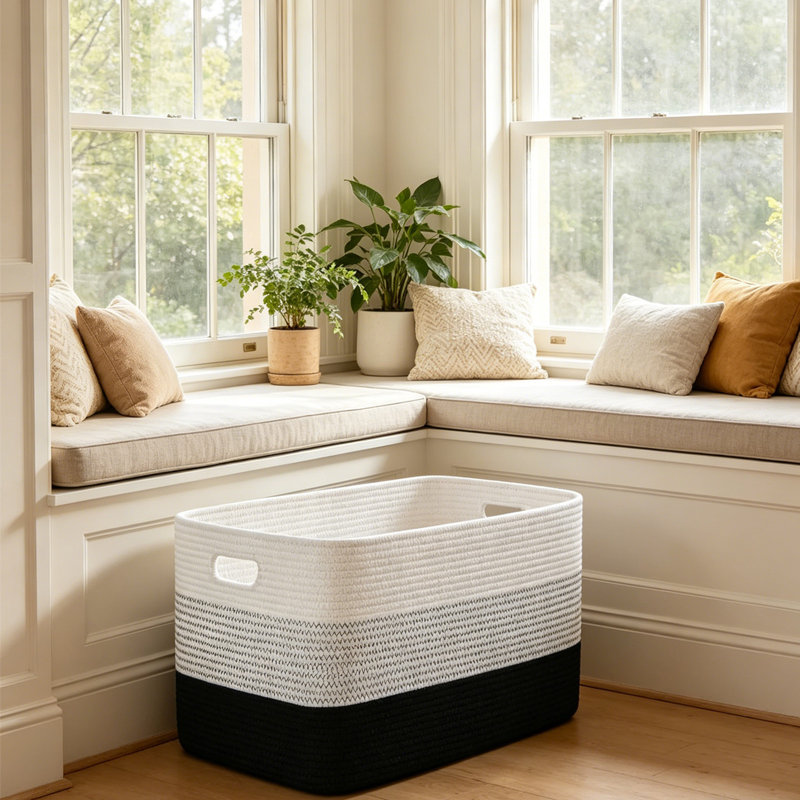 Grand panier à linge en corde de coton 22 po x 17 po x 12 po, panier de rangement rectangulaire avec poignées robustes, pliable et lavable à la machine, pour couvertures, jouets, serviettes, pour le salon, la chambre à coucher et la chambre de bébé