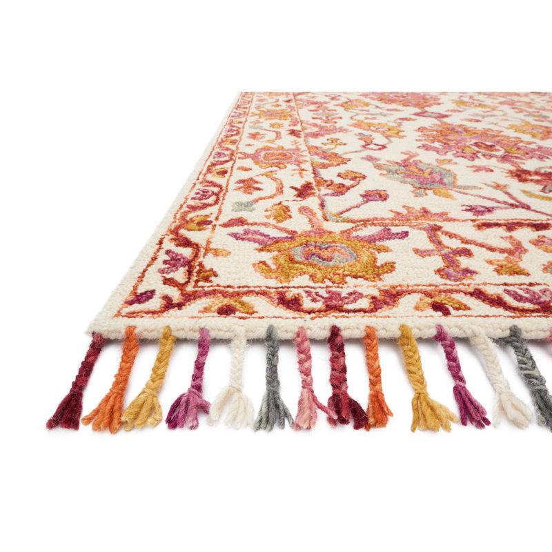 Tapis rose / orange en laine crocheté à la main Leyna, Rectangle 5 pi x 7 pi 6 po