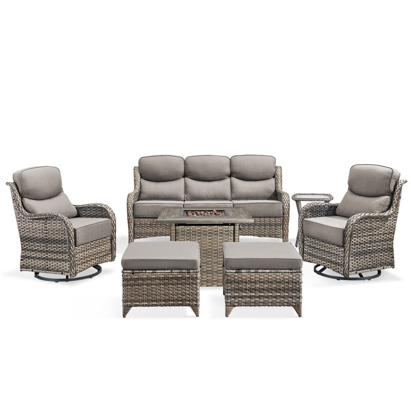 High Back Outdoor Furniture With 6-Inch Extra Thick Cushions, Patio Furniture Set With Fire Pit Table & Swivel Chairs, 7 PCS Wicker Conversation Set For Yard, Deck, Poolside