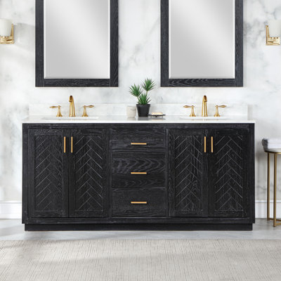 Gering 72"" Double Bathroom Vanity Set In Black Oak With Grain White Composite Stone Countertop Without Mirror -  Willa Arloâ¢ Interiors, 6EA983E5351F49EFB95881591762D584