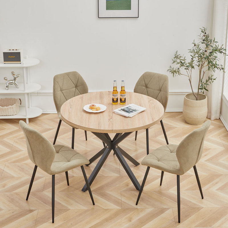 Modern Simple Round Solid Wood Dining Table Set - Set Of 4 Diamond Pattern Velvet Dining Chairs - Metal Legs - For Living Room/Bedroom