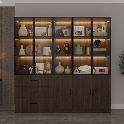 78.7" Wide Glass Door Display Case Curio Cabinet With LED Lights