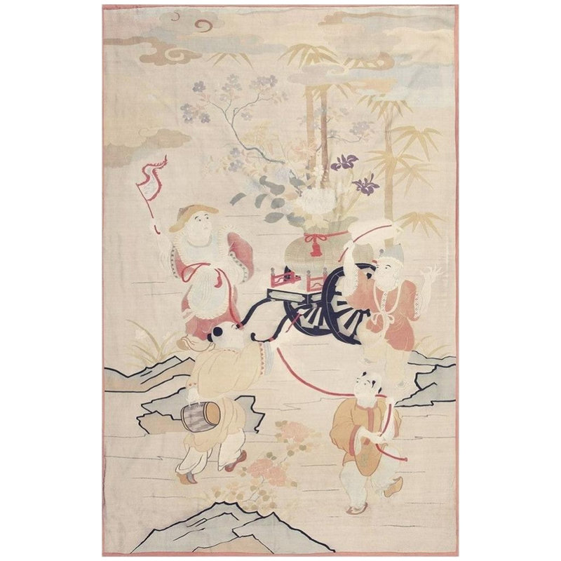 1920s Beige Field Artistic East Asian Heritage Antique Japenese Kesi Woven Rug 5'0" x 9'0"
