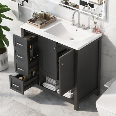 Meuble-lavabo de 36 pouces avec lavabo, deux portes, deux tiroirs, tablette ouverte, bois massif et panneau de fibres à densité moyenne pour un rangement durable