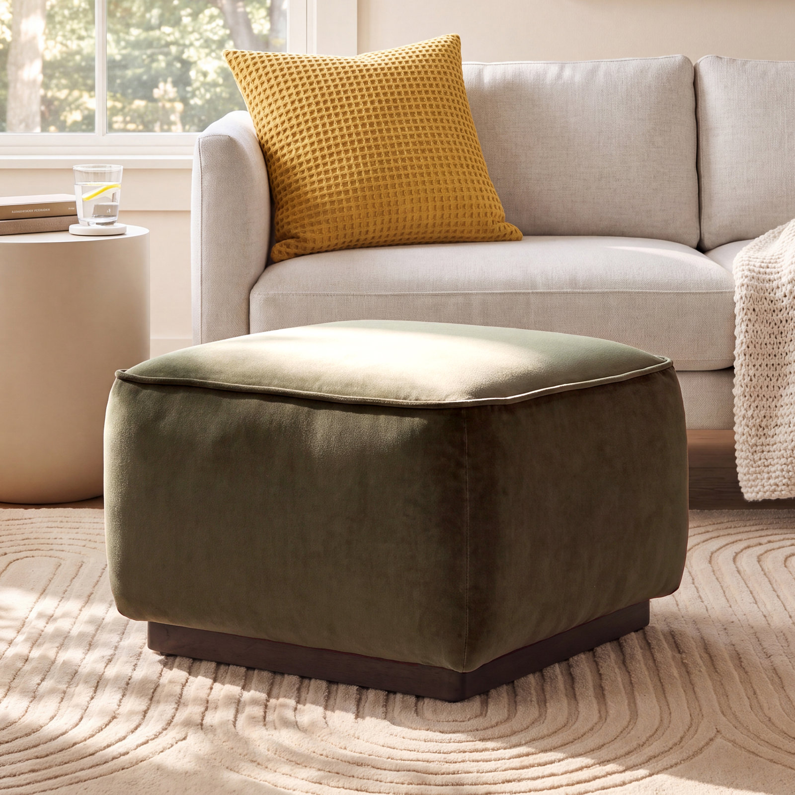 Gela Upholstered Ottoman, Surrey Olive Cotton Blend