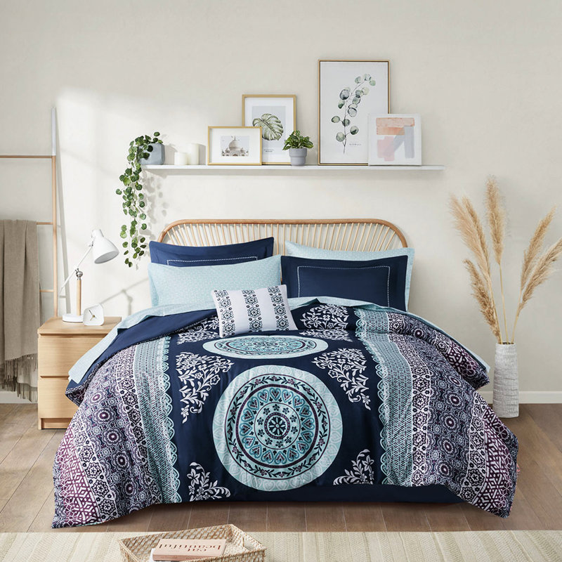 Édredon de style double avec draps - Imprimé à chevrons doux bleu marine