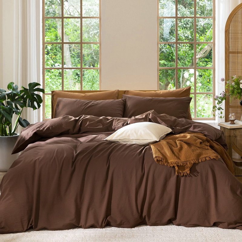 Ensemble de housse de couette 100% coton délavé MooMee, Housse de couette pour lit simple + 1 taie d'oreil, Brun cacao
