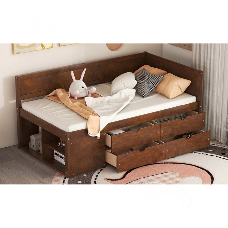Lit de jour simple avec tiroirs et tablettes, noyer, Noyer, Lit simple