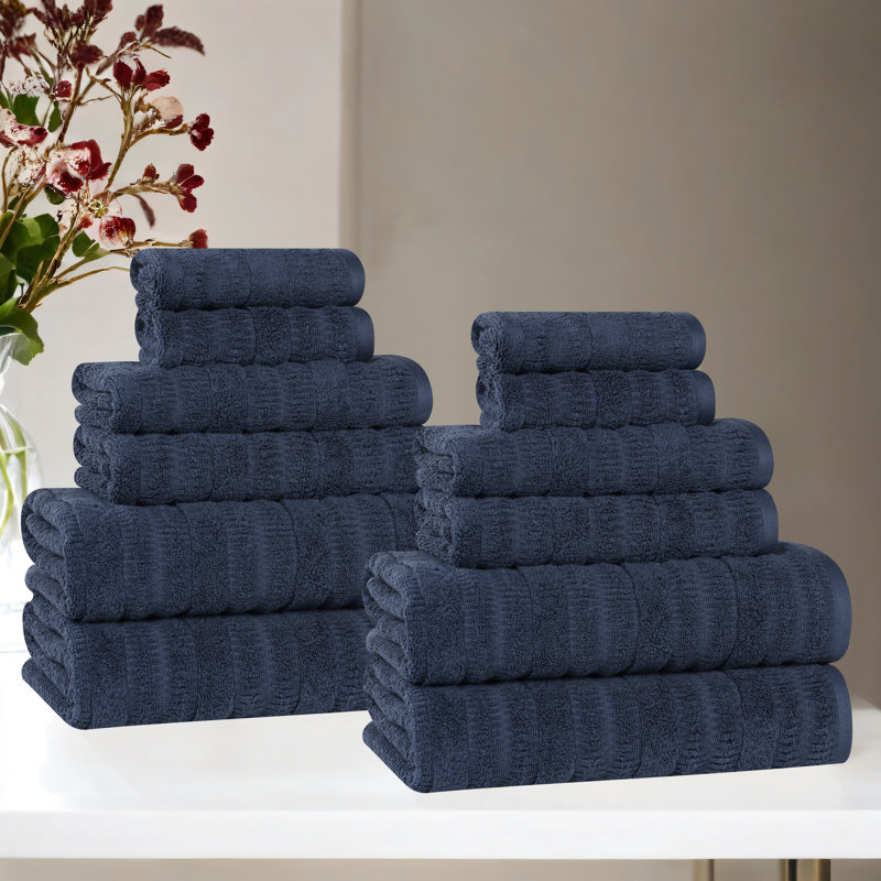 Mika Smart Twist Viscose Cotton Blend Medium Weight Solid Textured Ribbed 12 Piece Towel Set, Navy Blue