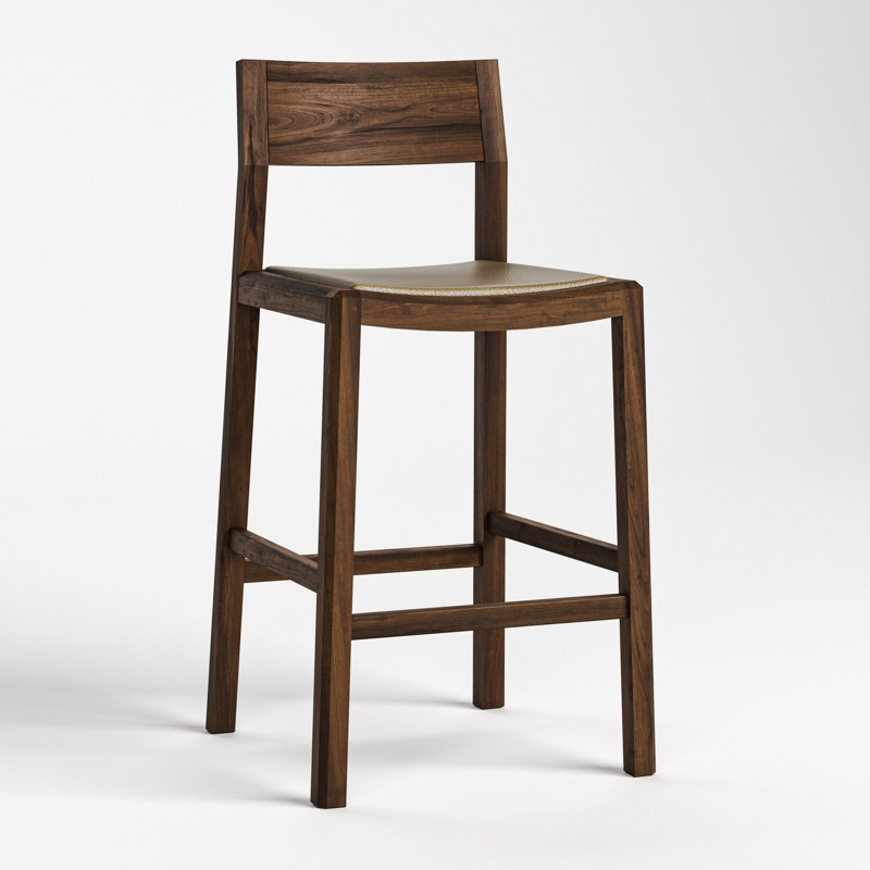 Stickley Saranac Bar Stool, Solid Rustic Walnut, Sustainable Construction, Clothing-Safe, Curved Back, Curved Leather Seat, Footrest, Made in USA