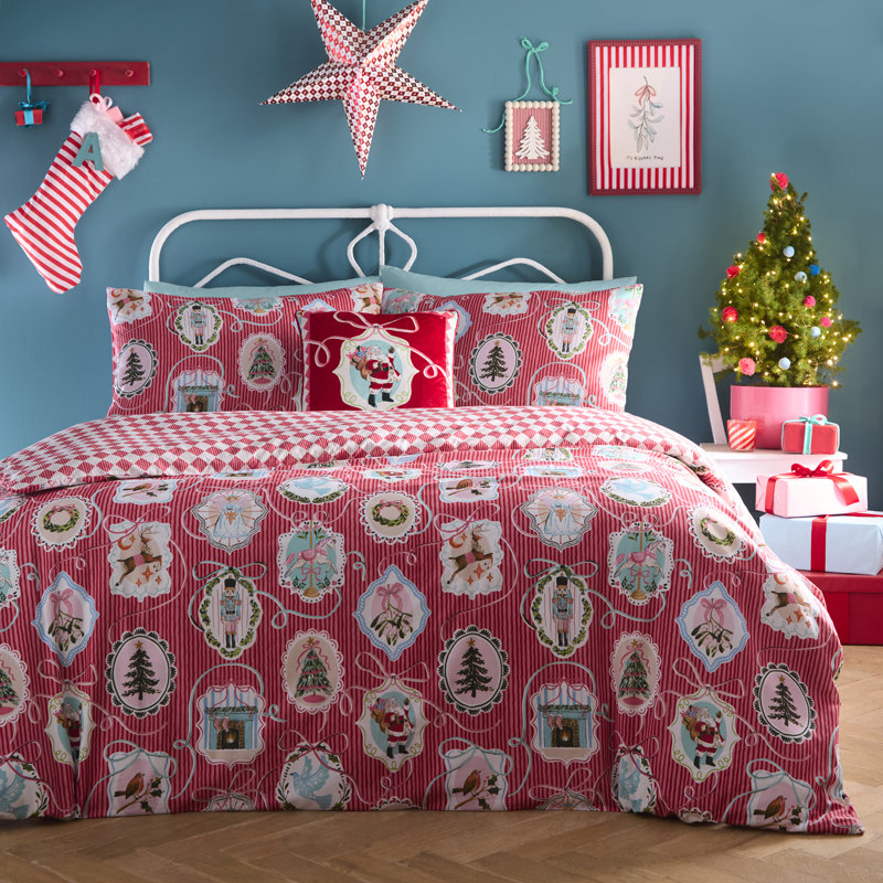 Christmas Vintage Frames Cotton Blend Striped Duvet Cover Set, Double Bed (200 x 200 cm)