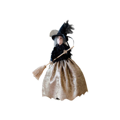 Halloween Witch With Broom Ornament, Fabric Decorative Apron For Festive Holiday Party, Beige