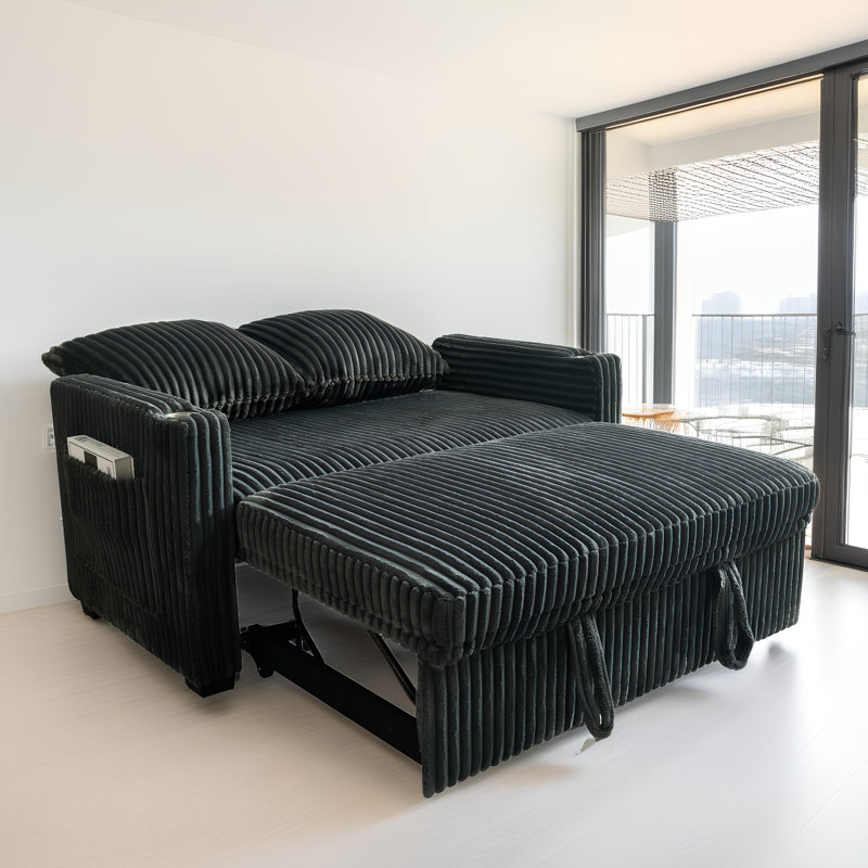 Canapé-lit en velours côtelé avec charge USB, porte-gobelets et rangement - causeuse convertible, Gris